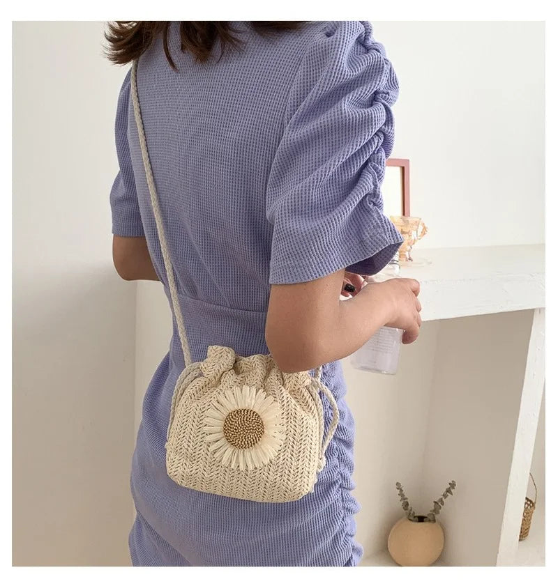 Women's Straw Tote Bag Weave Handbags Bucket Shape Beach Shoulder