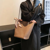 Solid Leather Bucket Bag Set for Women