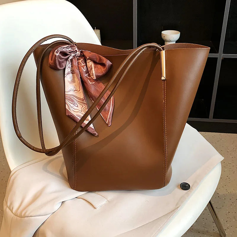 Solid Leather Bucket Bag Set for Women
