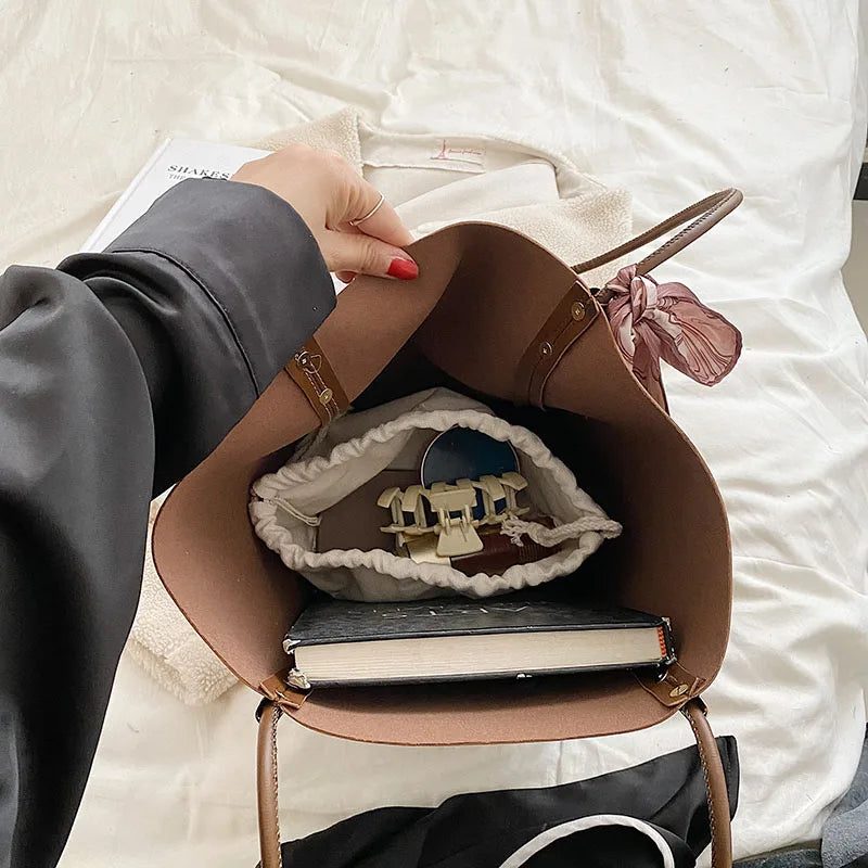 Solid Leather Bucket Bag Set for Women