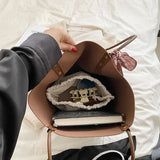 Solid Leather Bucket Bag Set for Women