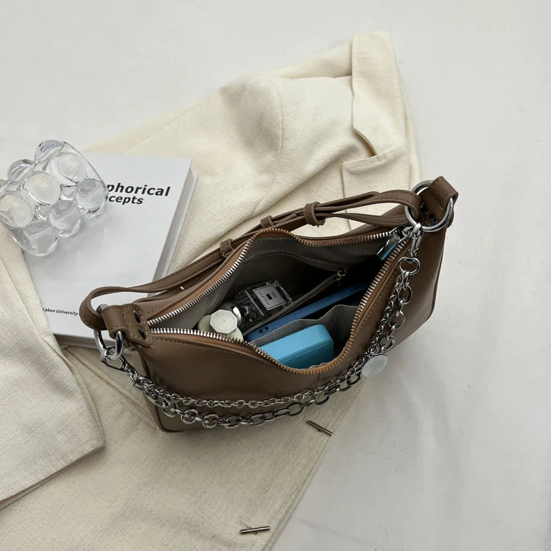 Solid Leather Shoulder Bag with Silver Chain - Mini Mobile Phone Messenger Bag