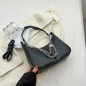 Solid Leather Shoulder Bag with Silver Chain - Mini Mobile Phone Messenger Bag