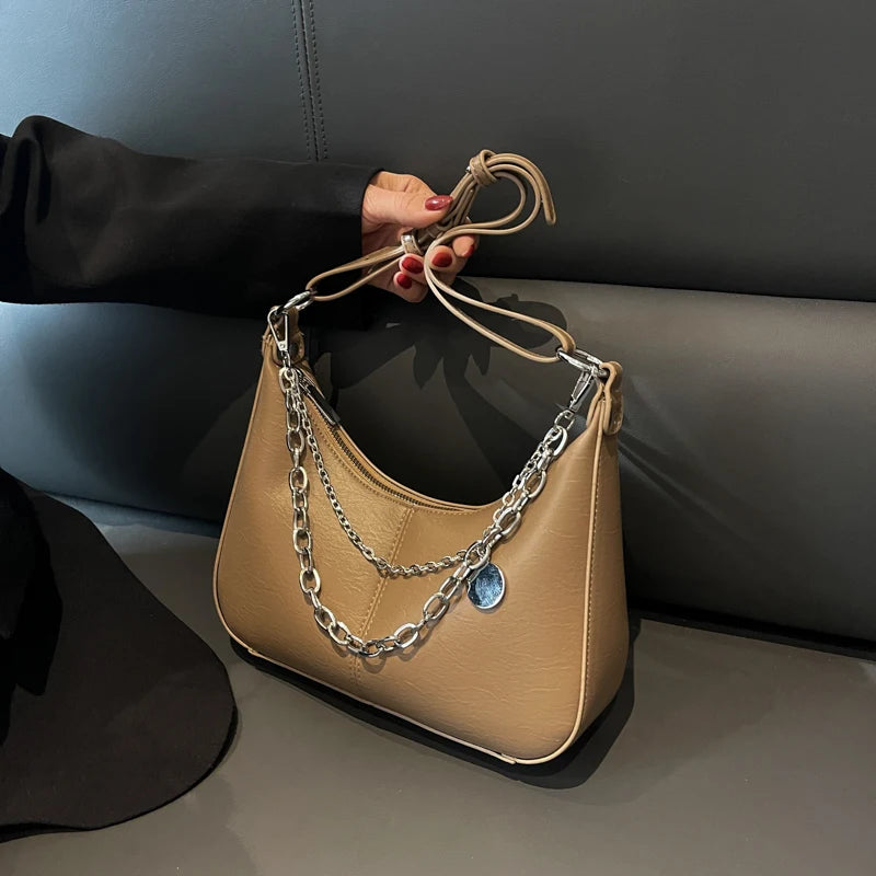 Solid Leather Shoulder Bag with Silver Chain - Mini Mobile Phone Messenger Bag