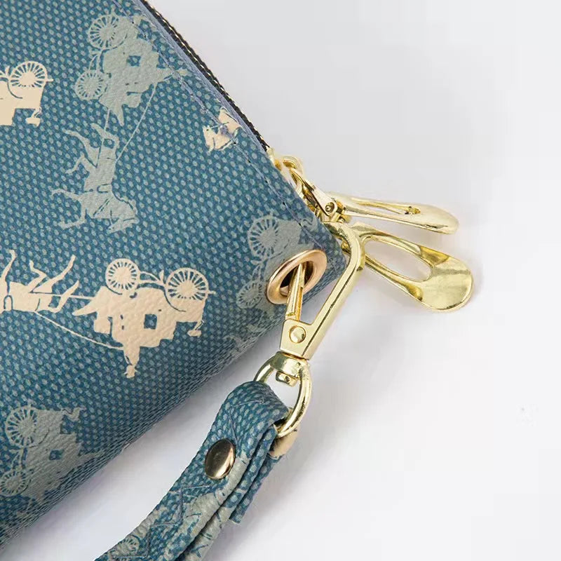Women's Printed Clutch Bag with Multiple Zippers and Hand Strap