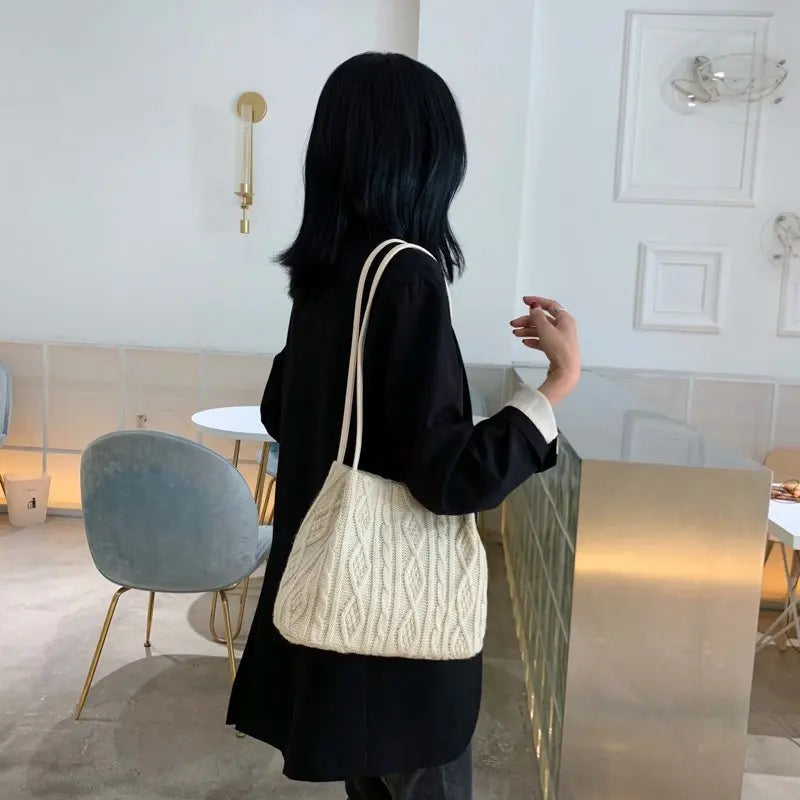 Wool Knitted Women's Shoulder Bag Woven Striped Handbag Armpit Bag