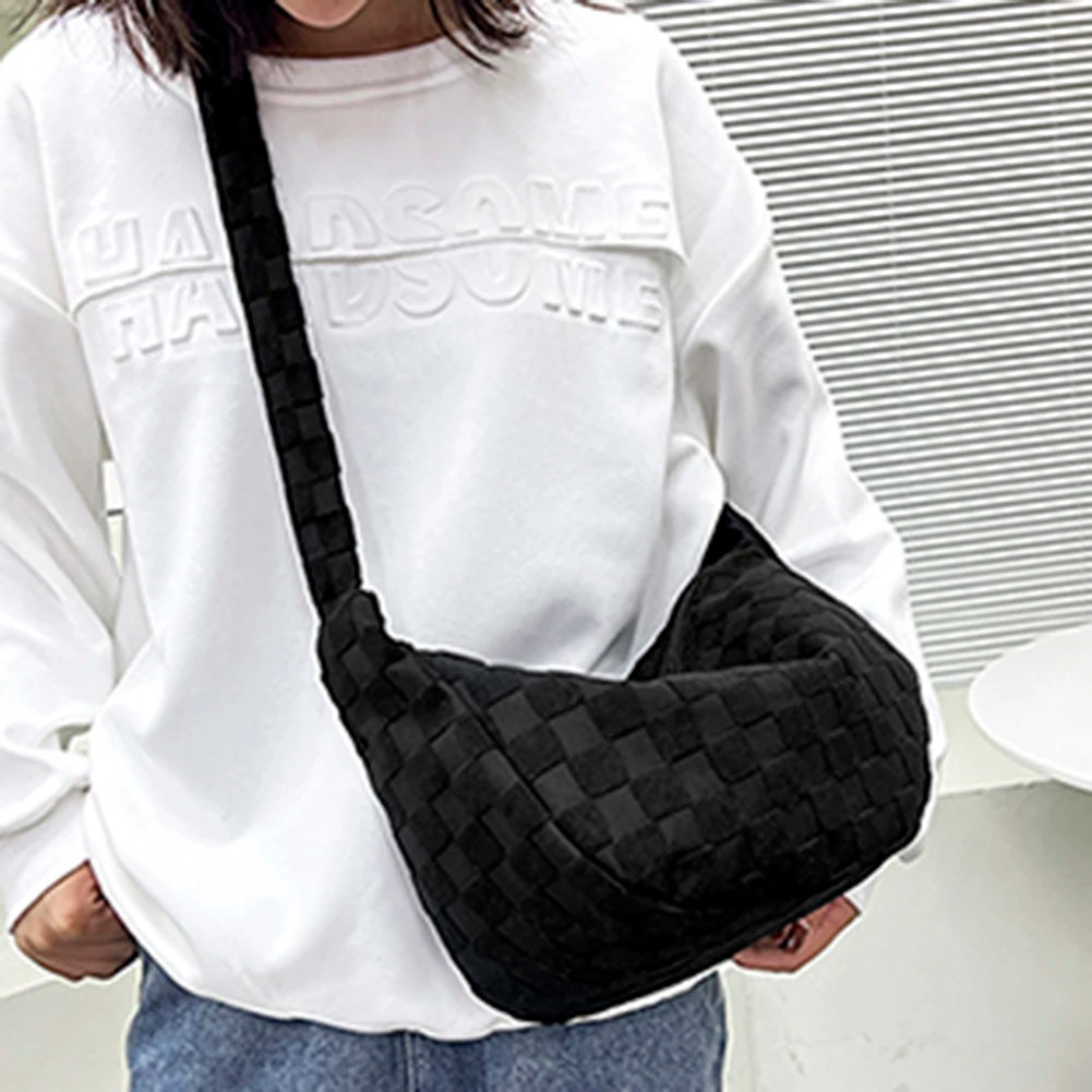 Plaid Woolen Cloth Ladies Underarm Bag Large Capacity Soft Solid for Work