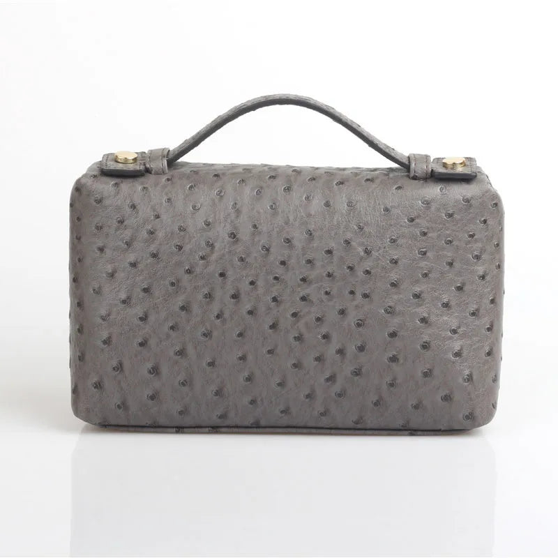 Embossed Ostrich Pattern Cow Leather Clutch Handbag