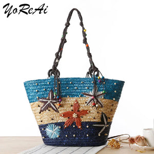 Bohemia Woven Rattan Handbag with Hand Embroidery - Large Capacity Tote