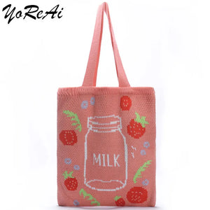 Strawberry Milk Knitting Shoulder Bag for Women