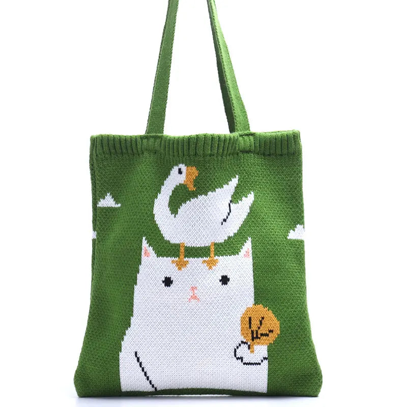 Cartoon Jacquard Shoulder Bag Girls Student Bookbag Tote Reusable Folding