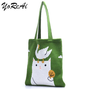 Cartoon Jacquard Shoulder Bag Girls Student Bookbag Tote Reusable Folding
