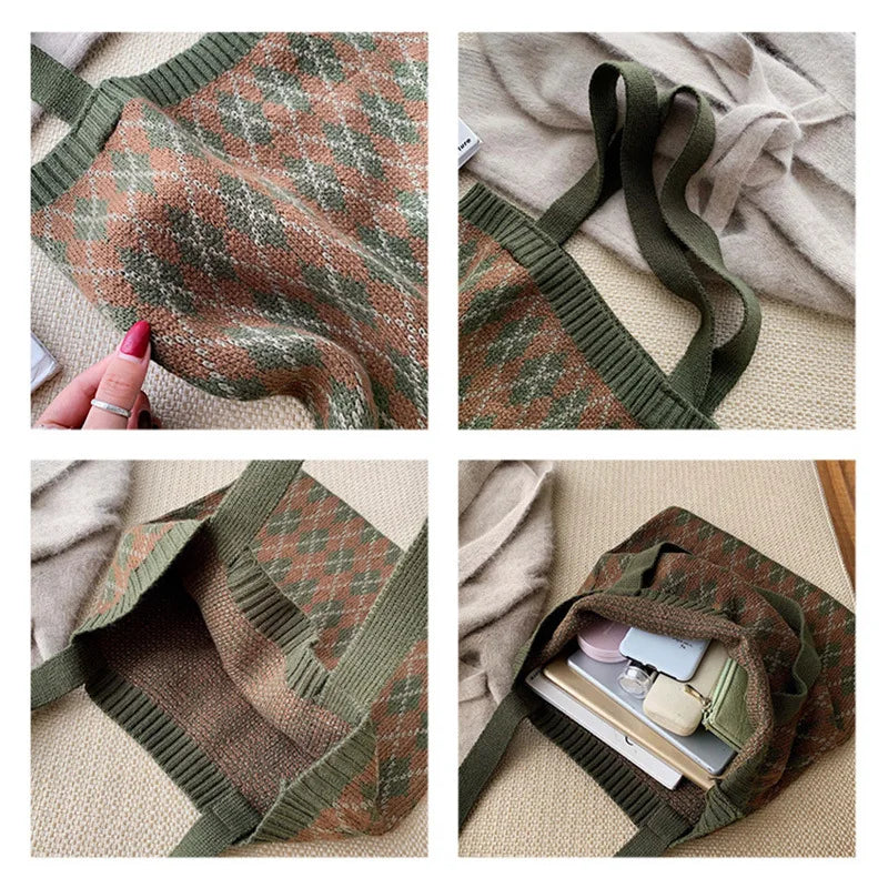 Women's Plaid Shoulder Bag Soft Knitting Tote Autumn Handbags