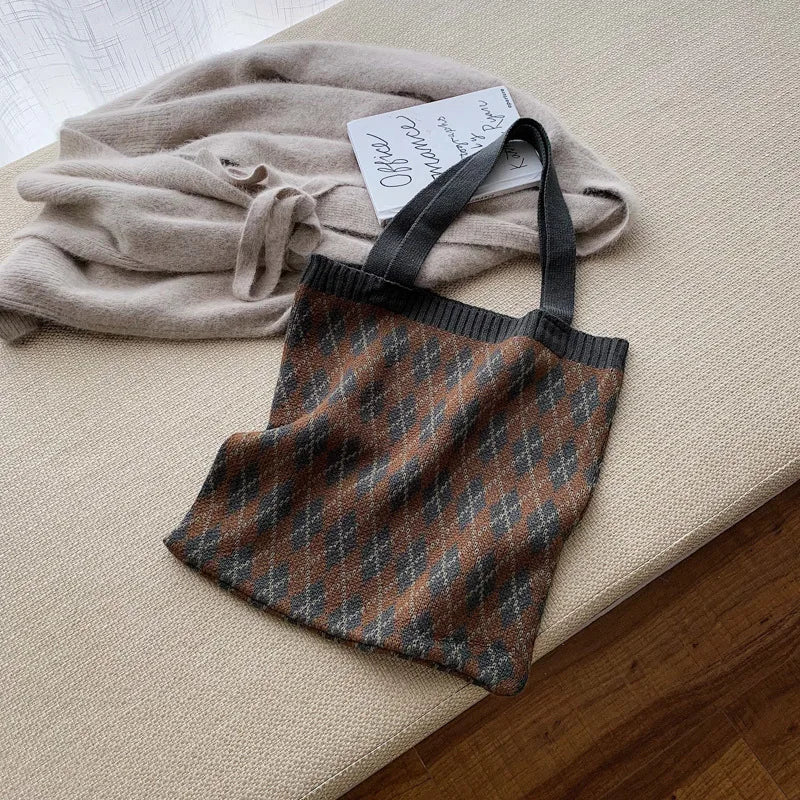 Women's Plaid Shoulder Bag Soft Knitting Tote Autumn Handbags