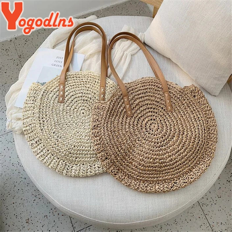 Boho Straw Shoulder Bag Circle Beach Handbag Purse