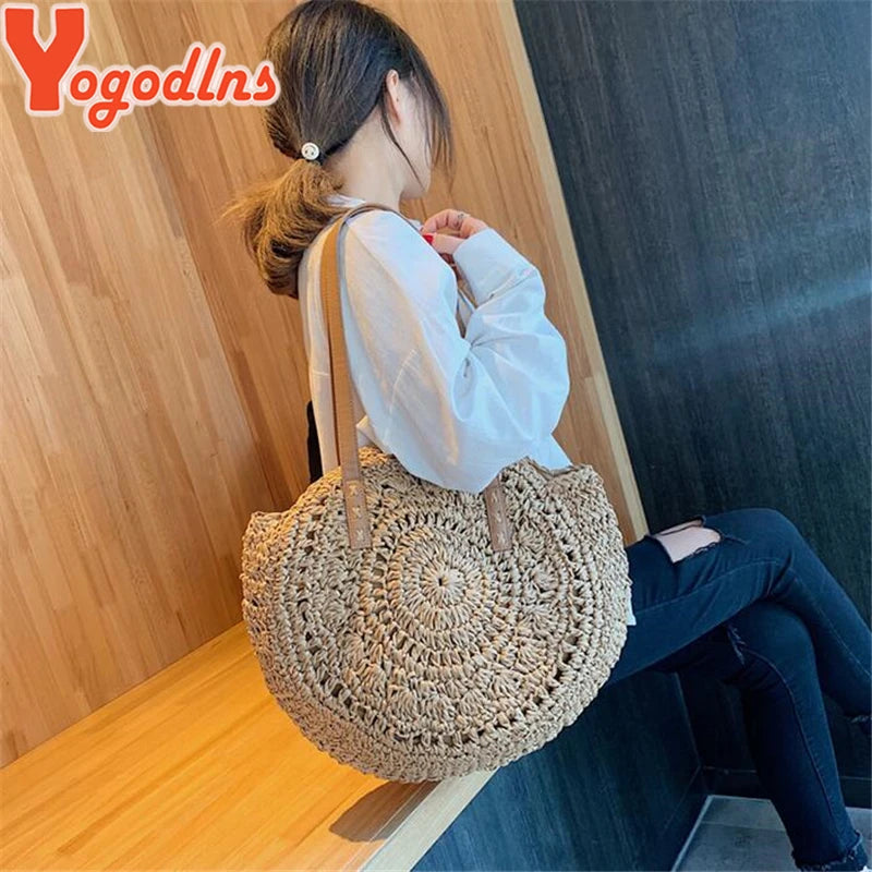 Boho Straw Shoulder Bag Circle Beach Handbag Purse