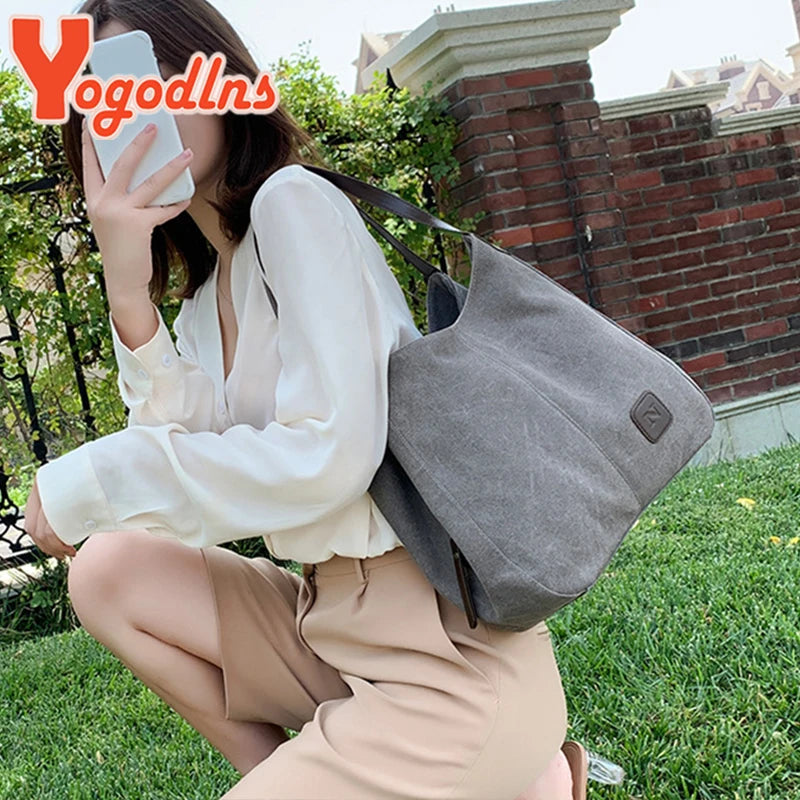 Casual Canvas Handbag Women High Capacity Shoulder Bag Handle Lady Shopping