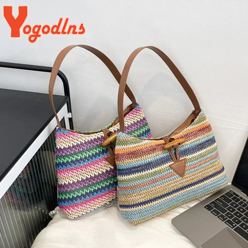 Colorful Striped Straw Shoulder Bag For Women Travel Holiday Beach Phone Bag