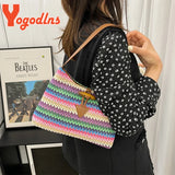 Colorful Striped Straw Shoulder Bag For Women Travel Holiday Beach Phone Bag