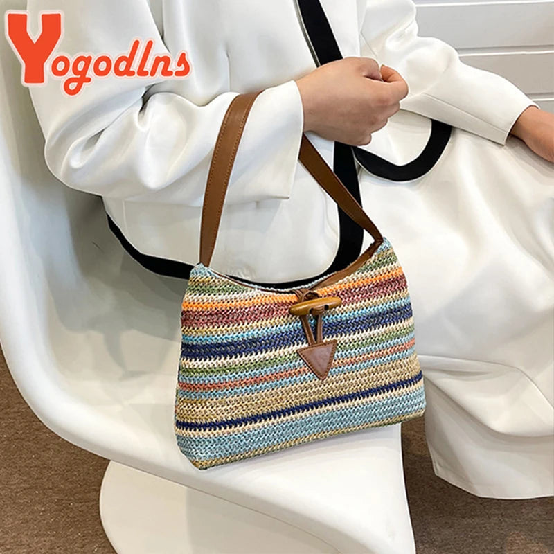 Colorful Striped Straw Shoulder Bag For Women Travel Holiday Beach Phone Bag