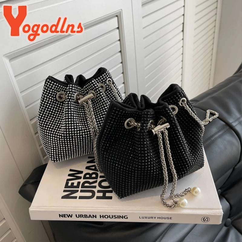 Rhinestones Shoulder Bag Women Drawstring Bucket Crossbody Bag