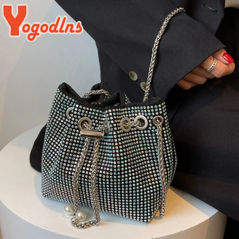 Rhinestones Shoulder Bag Women Drawstring Bucket Crossbody Bag