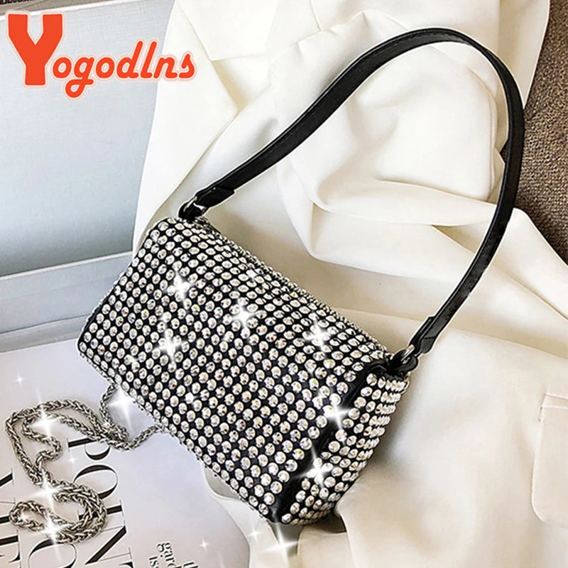 Bright Diamond Shoulder Bag Women PU Leather Pillow Bag Chains Messenger Handbag