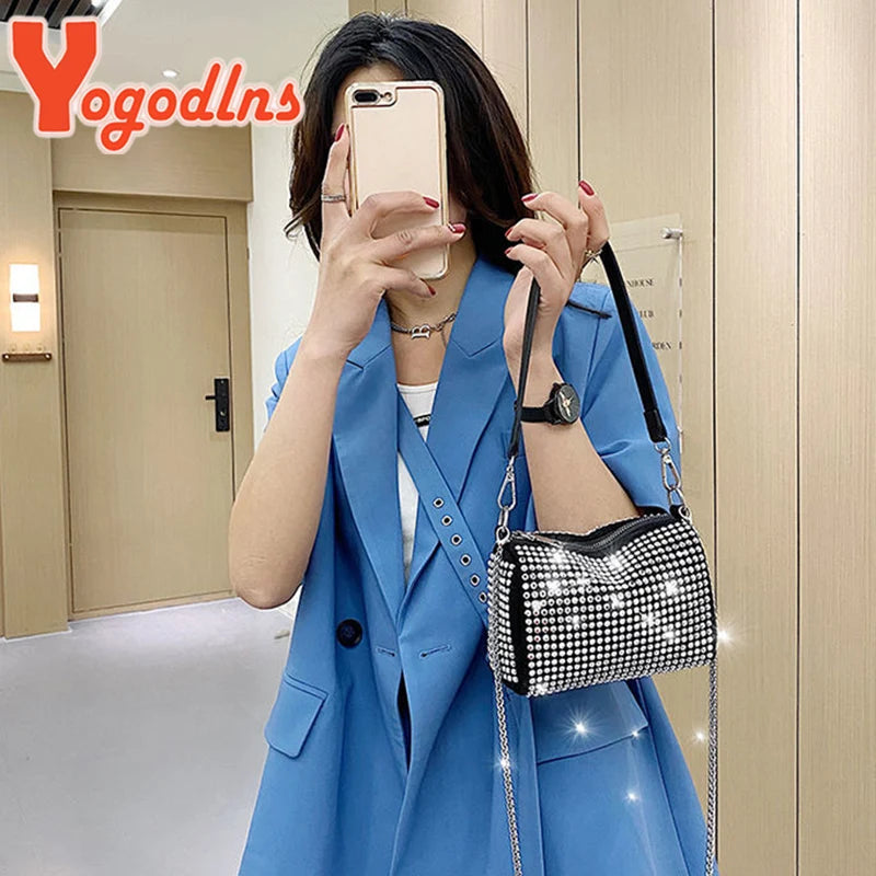 Bright Diamond Shoulder Bag Women PU Leather Crossbody Bag Chains Messenger