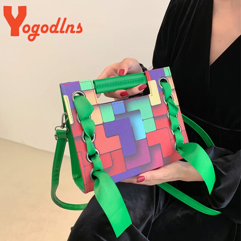 Patchwork Shoulder Bag For Women Scarf Handbag PU Leather Crossbody Bag