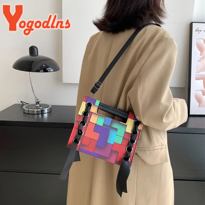 Patchwork Shoulder Bag For Women Scarf Handbag PU Leather Crossbody Bag