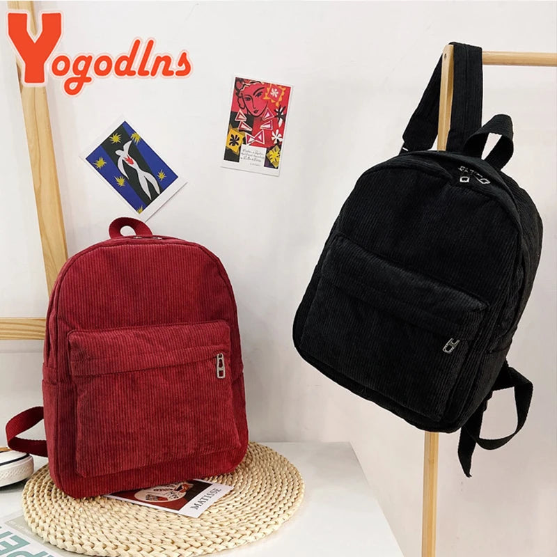 Corduroy Women Backpack Female Travel Bag Double Backpack