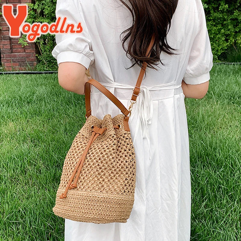 Summer Braided Straw Bucket Bag Drawstring Shoulder Crossbody Bag