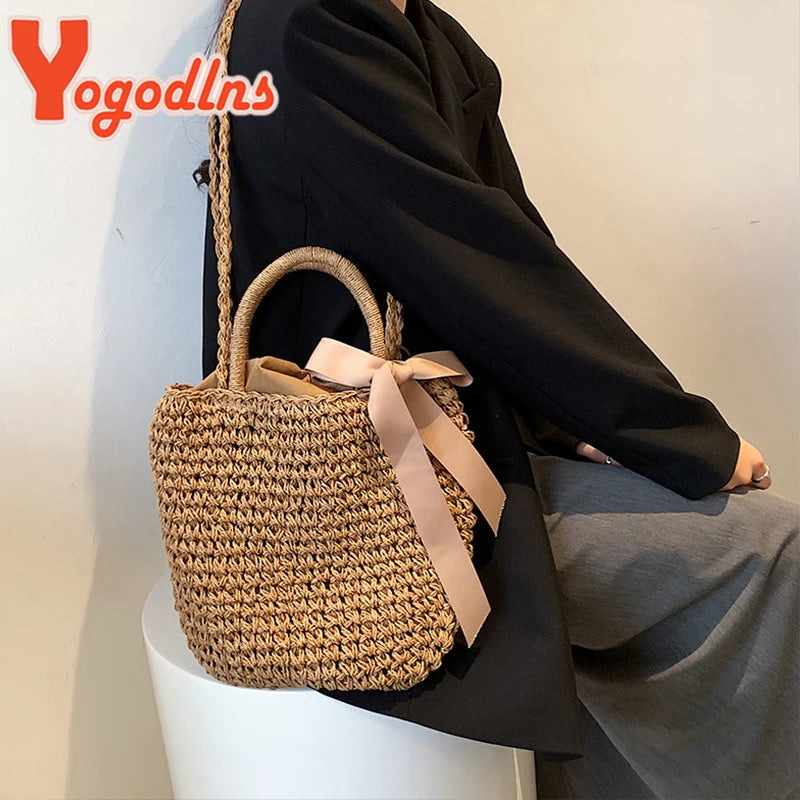 Summer Straw Bags Ribbons Bowknot Beach Bag Knitting Handbags Women