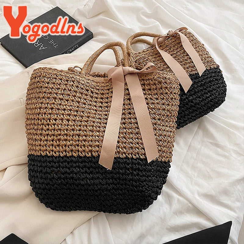 Summer Straw Bags Ribbons Bowknot Beach Bag Knitting Handbags Women
