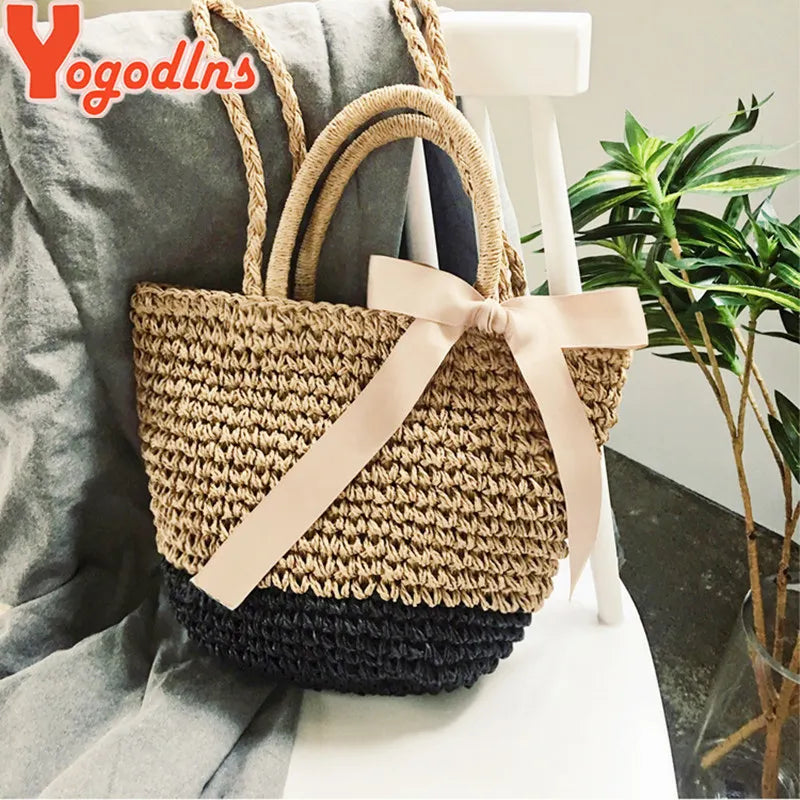 Summer Straw Bags Ribbons Bowknot Beach Bag Knitting Handbags Women