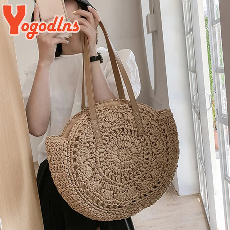 Summer Round Straw Bag For Women Hollow Woven Travel Beach Bag