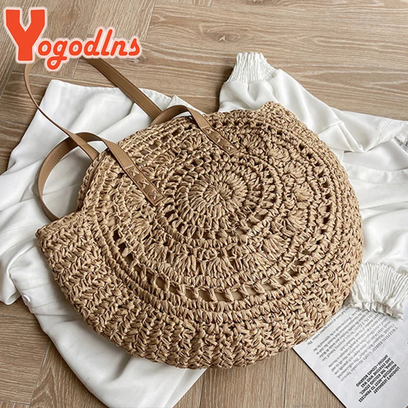 Summer Round Straw Bag For Women Hollow Woven Travel Beach Bag