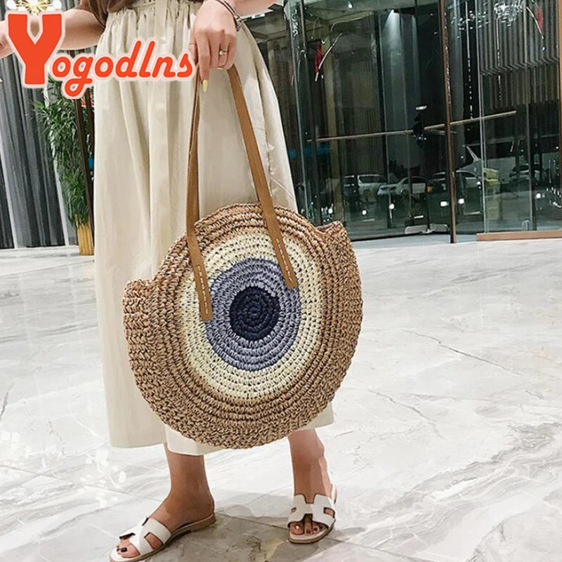 Round Straw Beach Bag Large Capacity Rattan Shoulder Bolso Sac