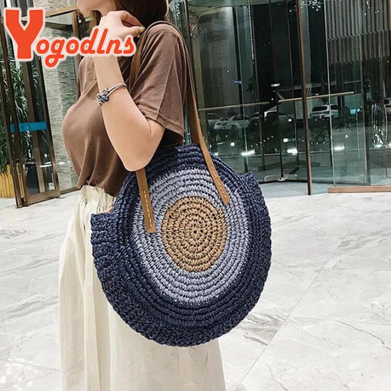 Round Straw Beach Bag Large Capacity Rattan Shoulder Bolso Sac