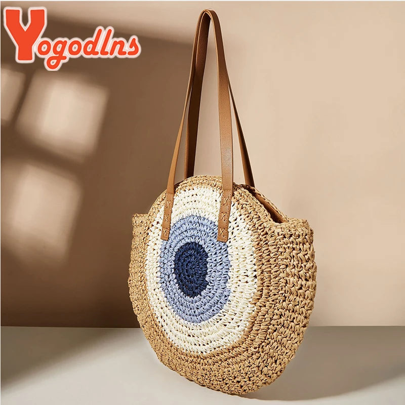 Round Straw Beach Bag Large Capacity Rattan Shoulder Bolso Sac