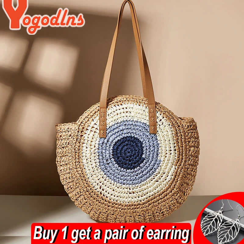 Round Straw Beach Bag Large Capacity Rattan Shoulder Bolso Sac
