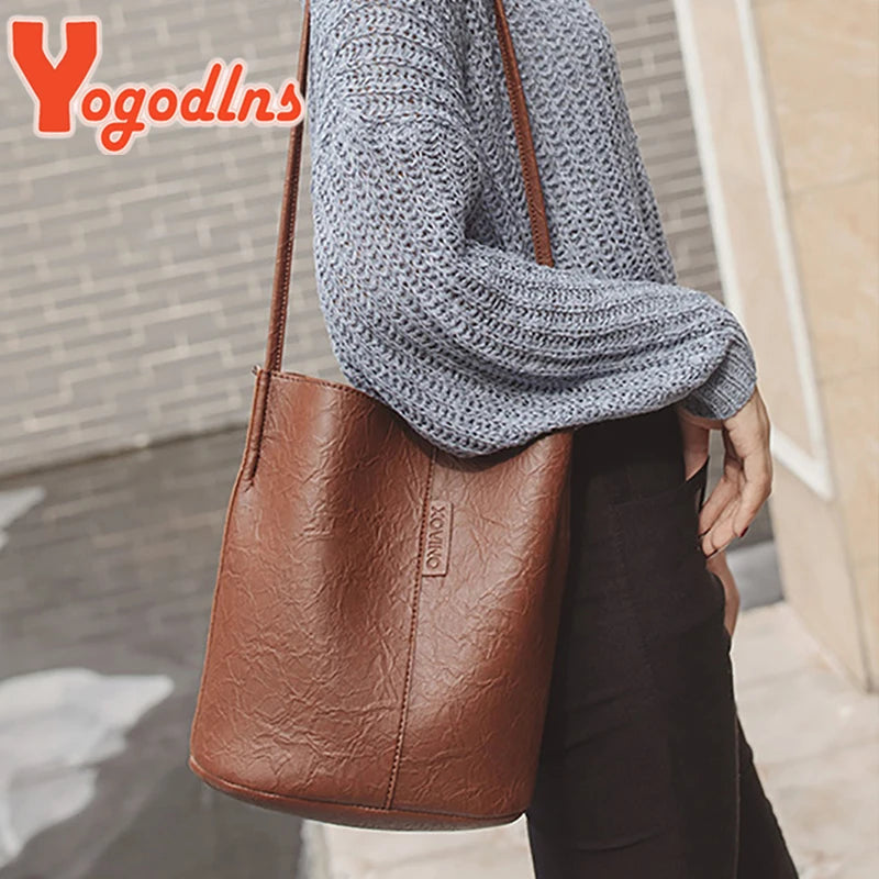 Vintage Bucket Bag PU Leather Crossbody Handbag