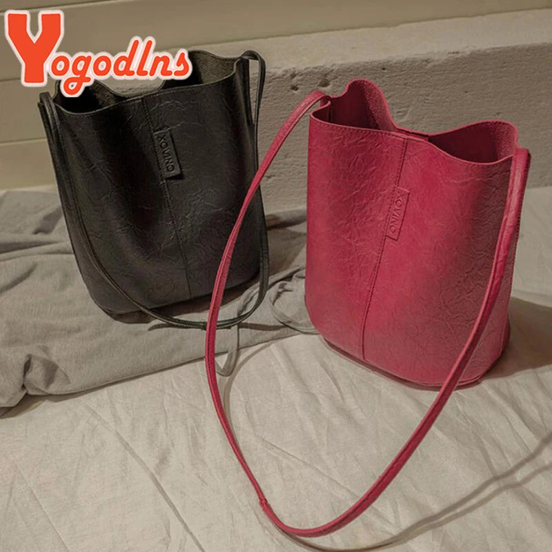 Vintage Bucket Bag PU Leather Crossbody Handbag