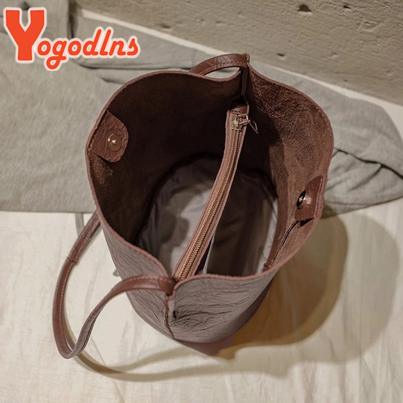 Vintage Bucket Bag PU Leather Crossbody Handbag