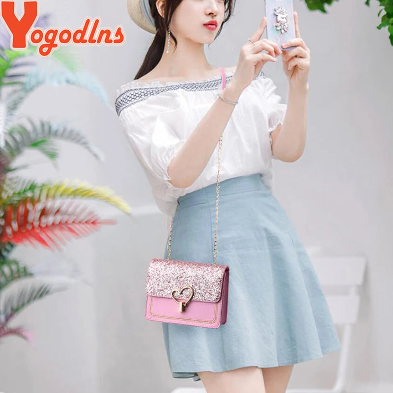 Women Sequin Love Shape Lock Shoulder Bag Chain Flap Bag