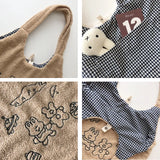 Women Lamb Wool Bear Like Fabric Embroidery Book Shoulder Bags