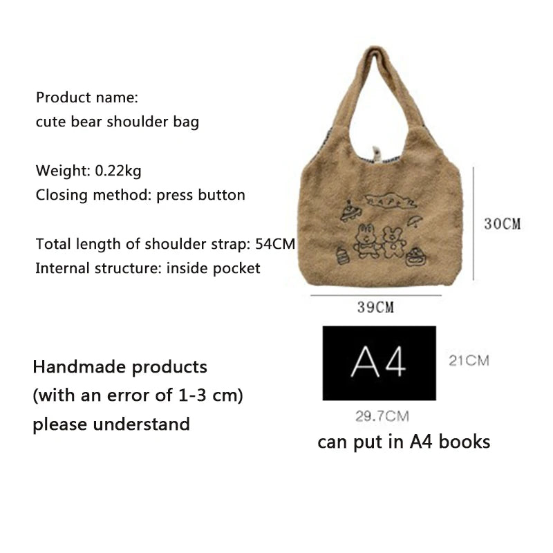 Women Lamb Wool Bear Like Fabric Embroidery Book Shoulder Bags