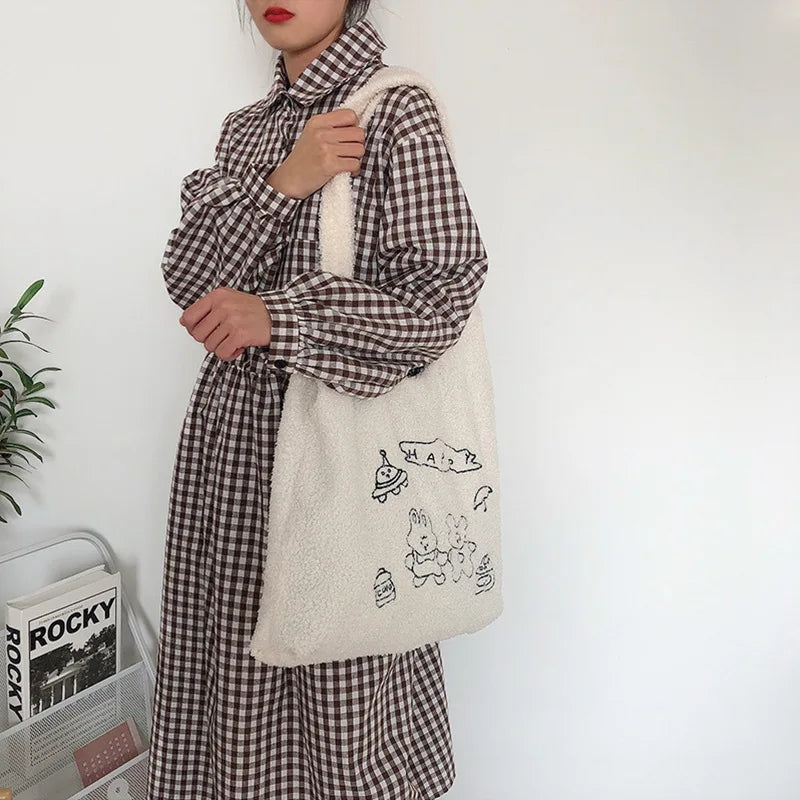 Women Lamb Wool Bear Like Fabric Embroidery Book Shoulder Bags