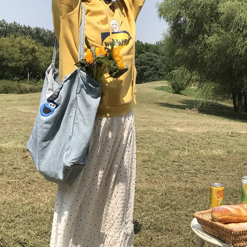 Embroidery Lady Handbag Denim Shopping Tote Classic Style Women's Shoulder Bag