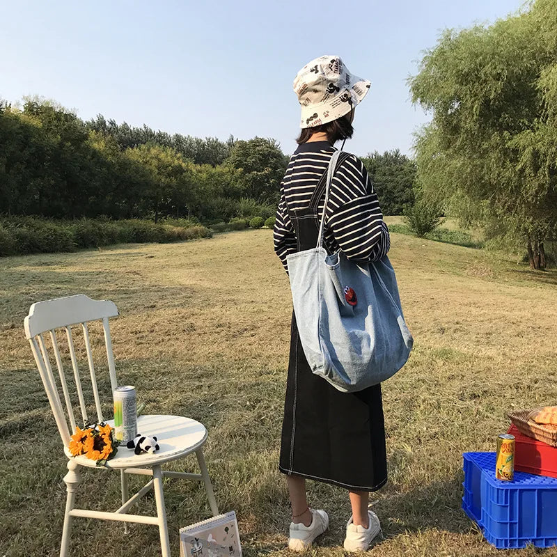 Embroidery Lady Handbag Denim Shopping Tote Classic Style Women's Shoulder Bag